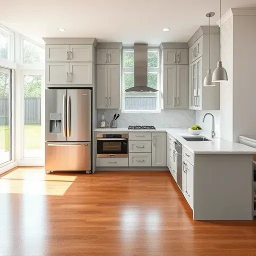 Modern kitchen remodel in Pasadena, MD with gray cabinets, marble countertops, and spacious island bathed in natural light.