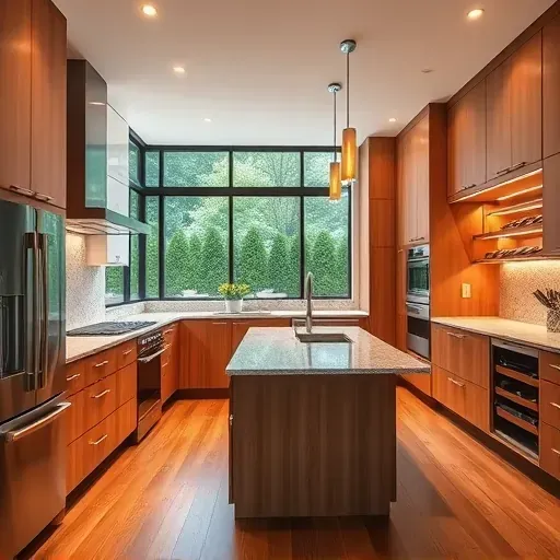 Renovated Glenel Maryland kitchen with warm wood cabinets granite countertops stainless steel appliances large island hardwood floor lush backyard view modern lighting