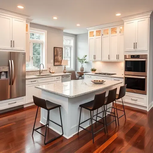 Modern remodeled kitchen in Clarksville MD featuring white cabinetry, stainless steel appliances, and cozy living area.