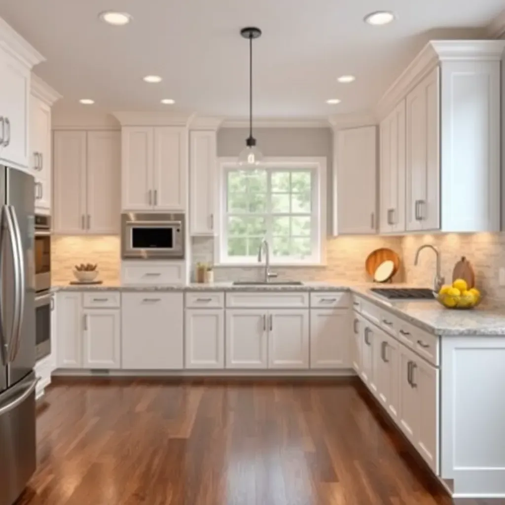 Modern Gibson Island kitchen with quartz countertops, custom wood cabinets, stainless appliances, and Chesapeake Bay views.