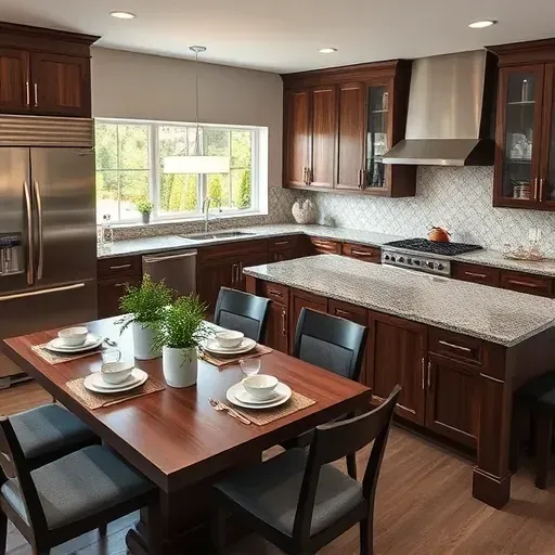 Modern kitchen remodel in Hughesville MD with dark wood cabinetry, granite island, and fresh herbs in stylish pots.