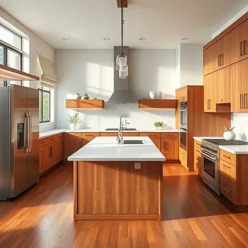 Remodeled Gaithersburg kitchen with granite countertops stainless steel appliances custom wood cabinets natural light quartz island subway tile backsplash and hardwood floors