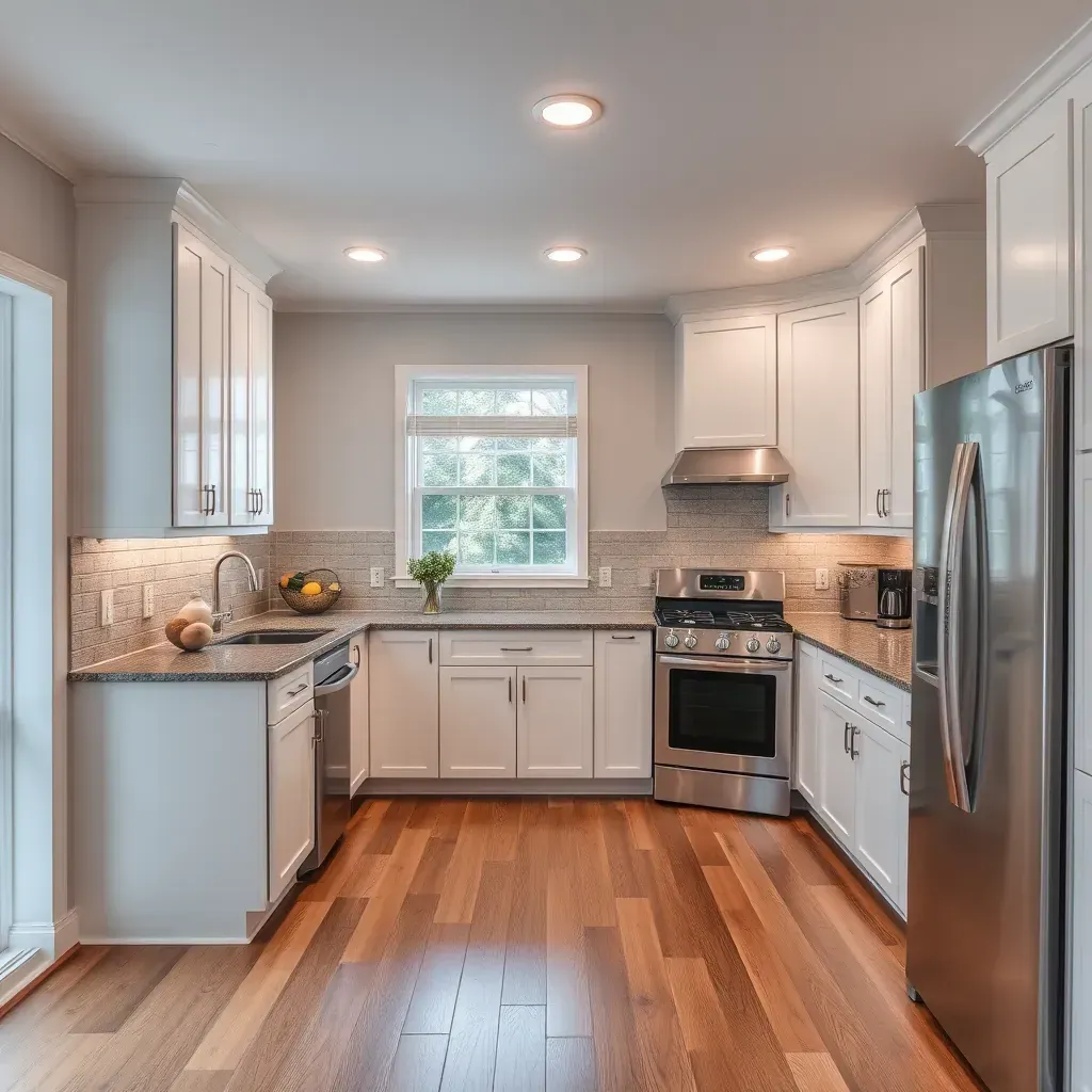 Spacious Silver Spring kitchen remodel with white cabinets, gray quartz countertops, dark granite island, stainless appliances, subway backsplash, and natural light.