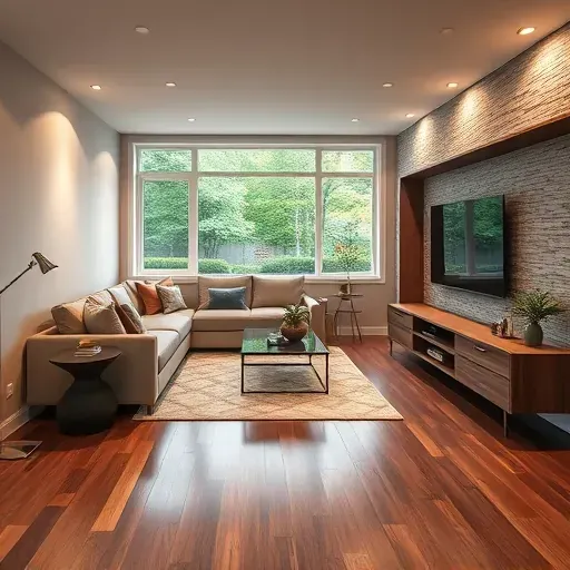 Remodeled Pasadena basement with hardwood floors, textured walls, cozy seating area, modern decor, large windows, and built-in entertainment center