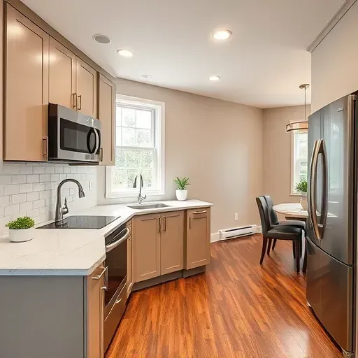 Recently remodeled Bowie MD kitchen with sleek modern design, quartz countertops, neutral taupe cabinetry, farmhouse sink, subway tile backsplash, stainless steel appliances, dark hardwood floors, breakfast bar, and natural light.