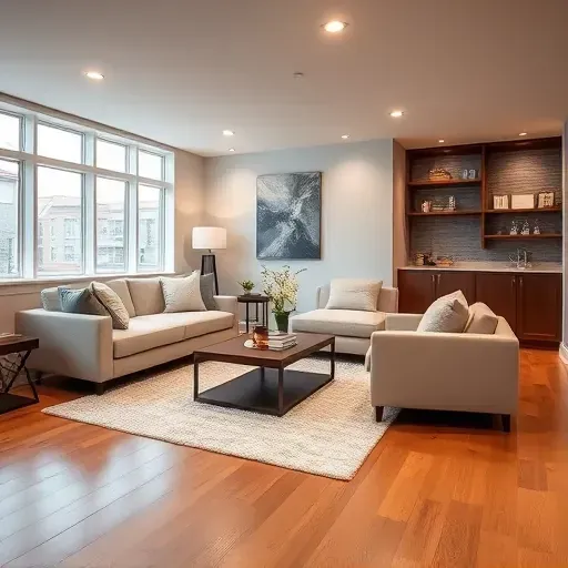 Renovated Pasadena Maryland basement with modern neutral furniture cozy sectional and contemporary decor in bright open space