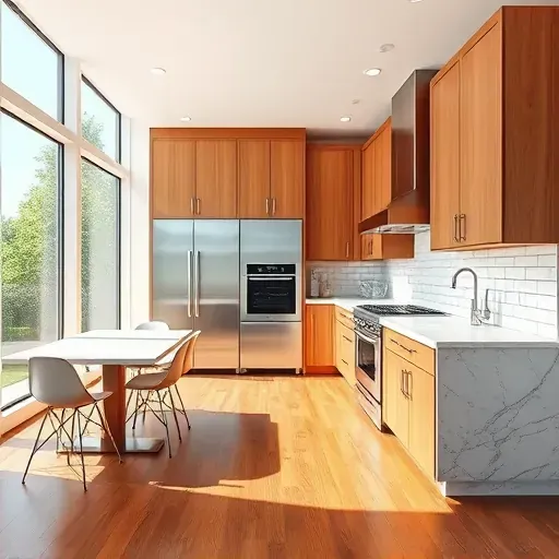 Recently renovated Pasadena MD kitchen with modern wood cabinets granite countertops stainless steel appliances marble island subway tile backsplash hardwood floors bright natural light outdoor view