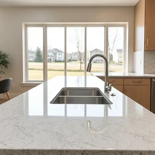 Freshly installed polished granite kitchen countertop with natural veining in a modern Pasadena MD kitchen featuring sleek cabinets, stylish sink, and scenic suburban background