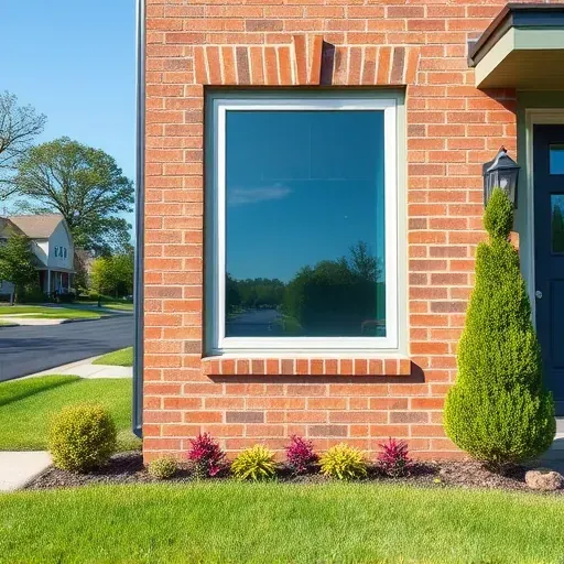 Newly installed energy-efficient window on a modern brick home in Pasadena Maryland with lush landscaping and a peaceful neighborhood scene
