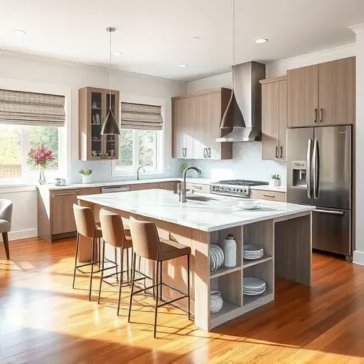 Modern kitchen remodel in Dunkirk MD with sleek cabinetry, granite counters, and polished hardwood floors. Inviting design.