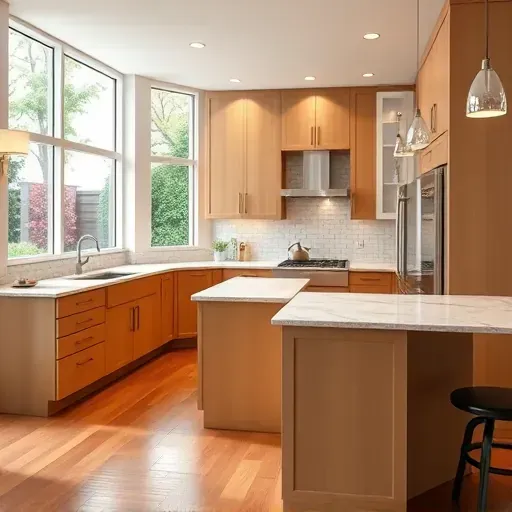 Remodeled Dayton MD kitchen with modern neutral cabinetry, granite countertops, stainless appliances, subway backsplash, marble island, hardwood floors, and large windows.