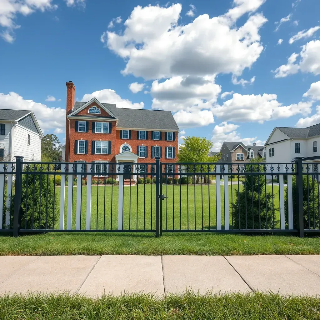 Fencing in Pasadena, MD with weathered wood, green grass, flowering shrubs, and nearby Maryland neighborhood homes.