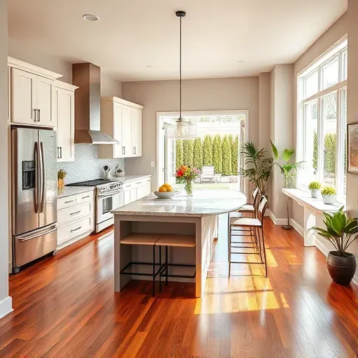 Modern kitchen in Ijamsville MD featuring high-end appliances, elegant cabinetry, polished granite, and hardwood floors.