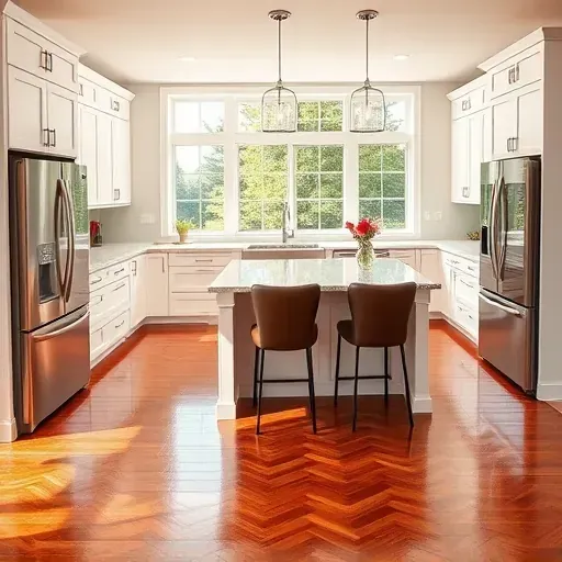 Modern kitchen remodel in Brandywine MD featuring sleek appliances, custom cabinetry, quartz countertops, and hardwood flooring.