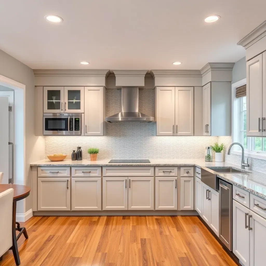 Remodeled Woodbine, MD kitchen with natural wood cabinets, quartz counters, stainless appliances, and large windows.