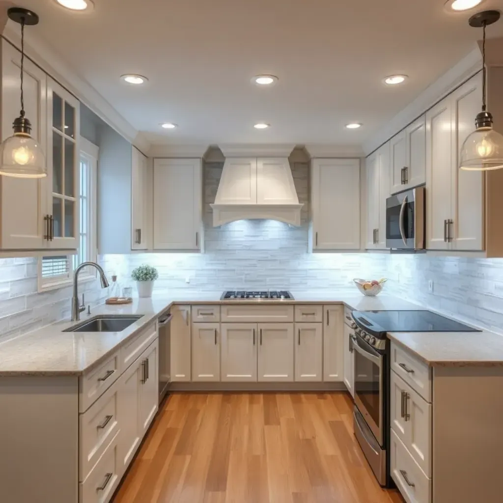 Modern Myersville kitchen with white shaker cabinets, granite counters, stainless steel appliances, hardwood floors, and farmhouse accents.