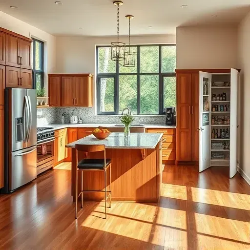 Modern kitchen remodel in Port Republic MD with sleek appliances, granite countertops, and warm wood cabinetry. Natural light floods the space.