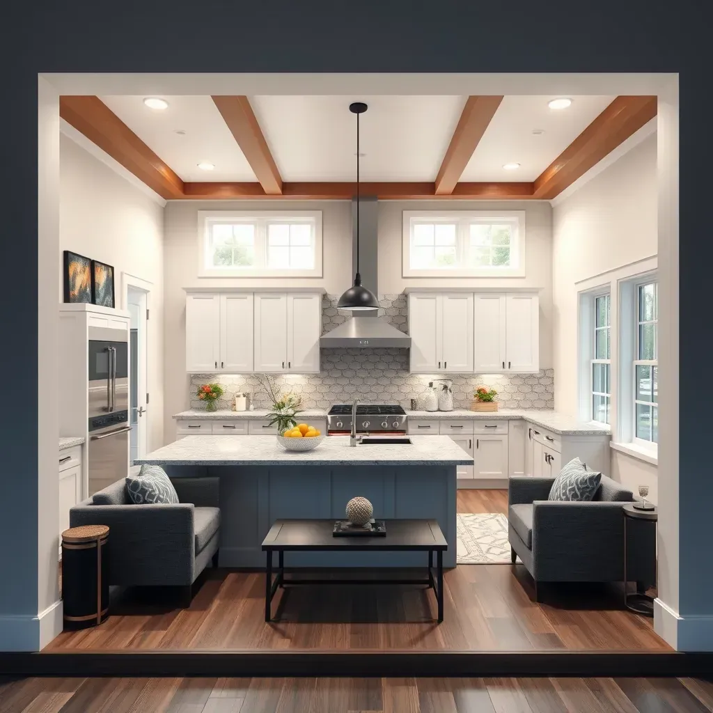 Home renovation scene in Dunkirk, MD with a modern house, landscaped yard, construction tools, and ongoing interior upgrades.
