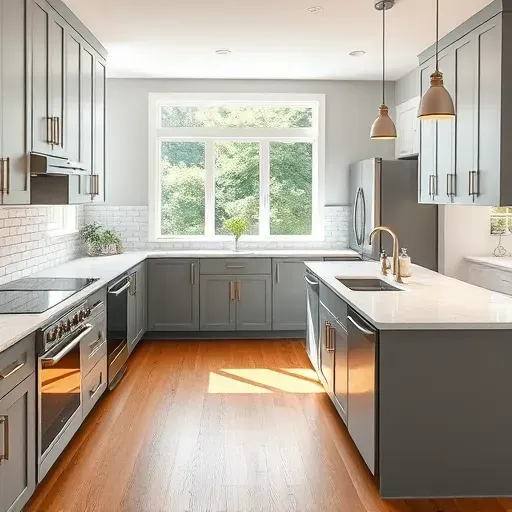 Modern Pasadena kitchen with sleek matte cabinets quartz countertops stainless steel appliances hardwood floors and large windows