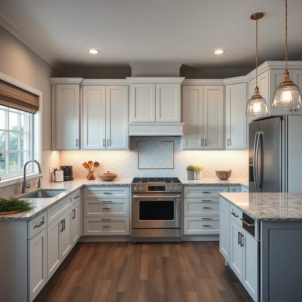 Modern Fulton, MD kitchen with white shaker cabinets, dark granite island, stainless steel appliances, and warm hardwood floors.