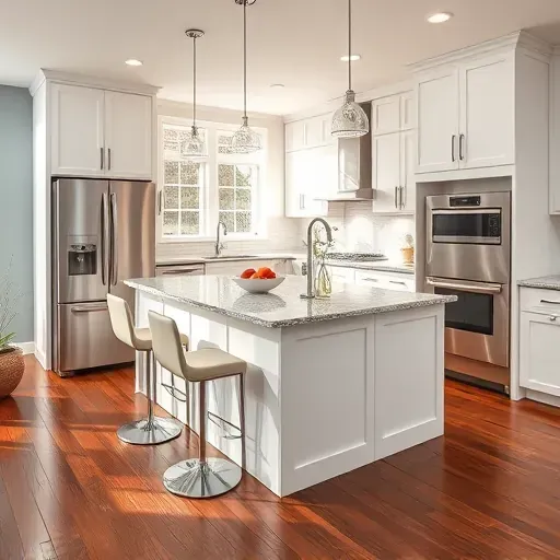 Modern White Marsh MD kitchen remodel features white cabinets, granite countertops, stainless appliances, and natural light.