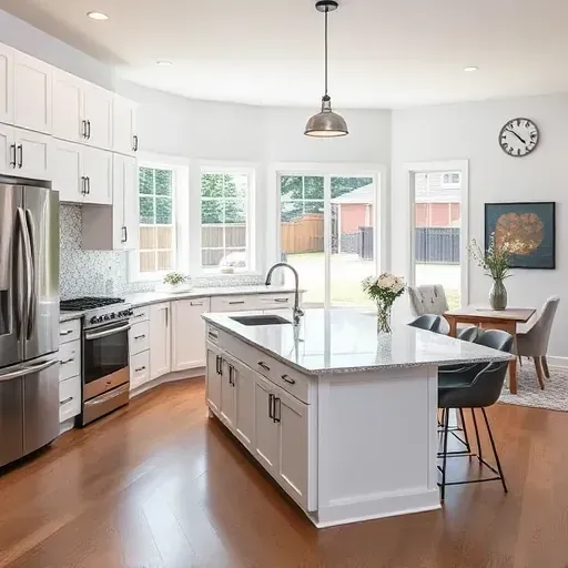 Completed kitchen remodel in Hughesville MD featuring sleek white cabinets, stainless steel appliances, and polished granite island.