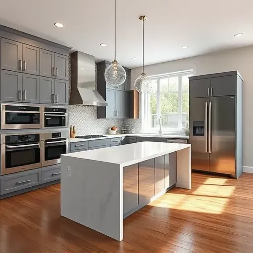 Modern remodeled Fulton Maryland kitchen with sleek cabinetry quartz countertops stainless steel appliances and large windows