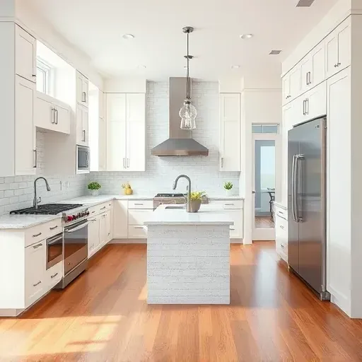 Beautifully renovated kitchen in Pasadena MD with granite countertops, hardwood floors, and modern appliances.