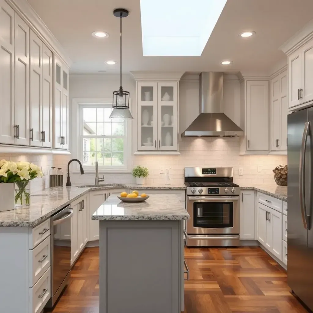 Modern White Marsh, MD kitchen with white cabinetry, quartz countertops, island with seating, hardwood floors, and stainless steel appliances.