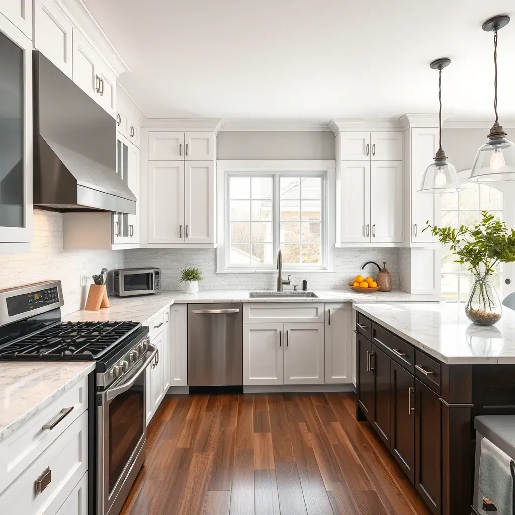 Remodeled Fallston, MD kitchen with white shaker cabinets, rustic wood accents, quartz countertops, and large windows.