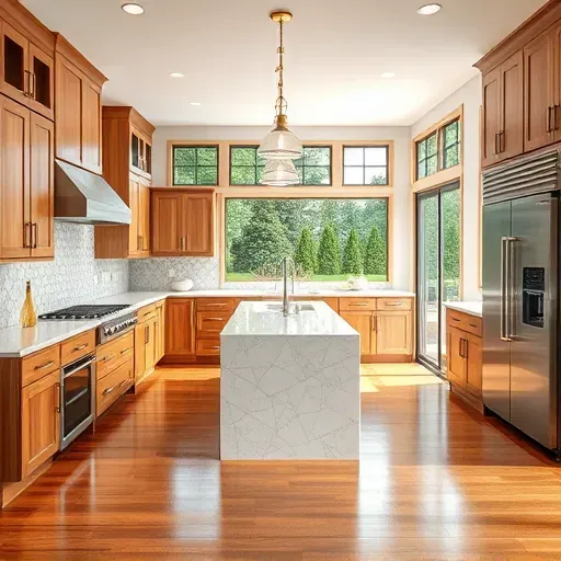 Modern spacious kitchen in Accokeek MD with quartz countertops custom wood cabinets stainless steel appliances large island pendant lighting intricate tiled backsplash hardwood floors large windows lush outdoor greenery landscaped backyard