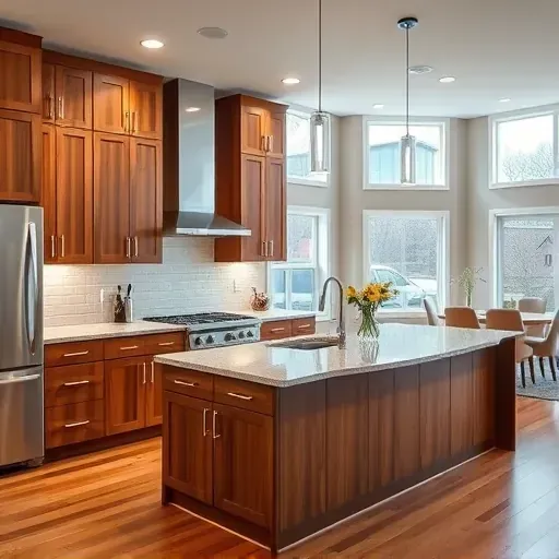 Recently remodeled modern kitchen in Woodbine Maryland featuring wood cabinetry stainless steel appliances granite island large windows