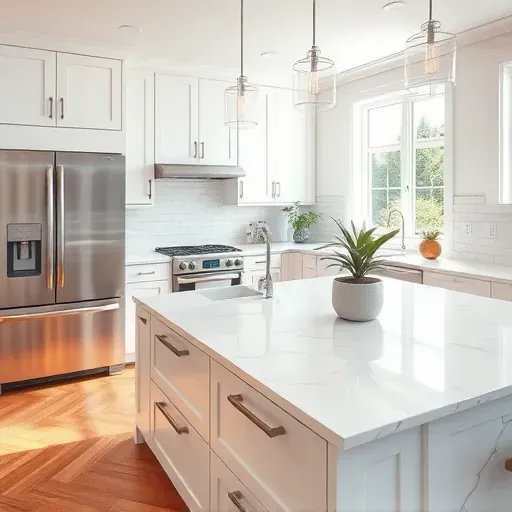 Newly remodeled kitchen in Pasadena MD featuring stainless steel appliances, quartz countertops, and elegant cabinetry.