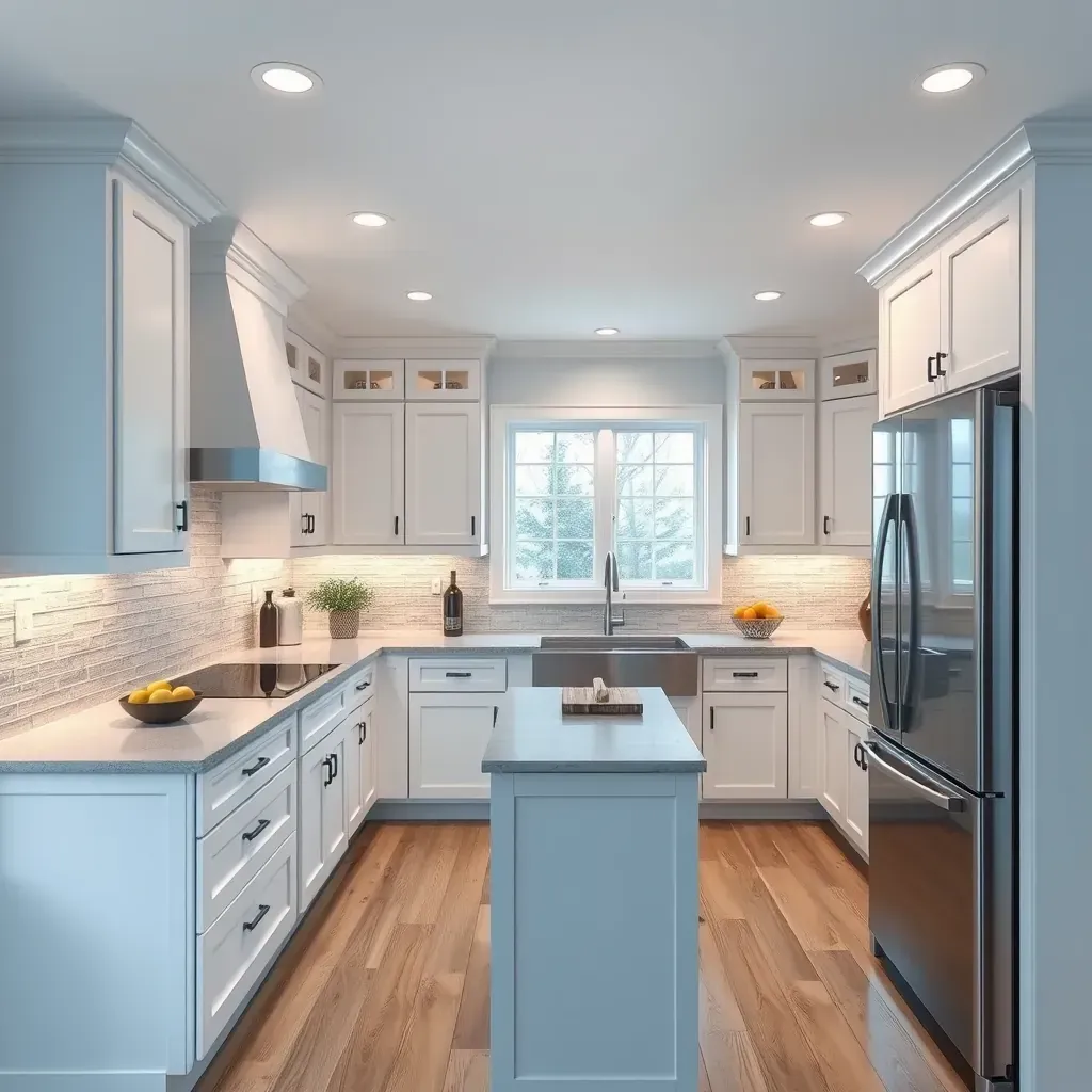 Modern Gaithersburg kitchen remodel with quartz countertops, custom wood cabinets, stainless steel appliances, and natural light.