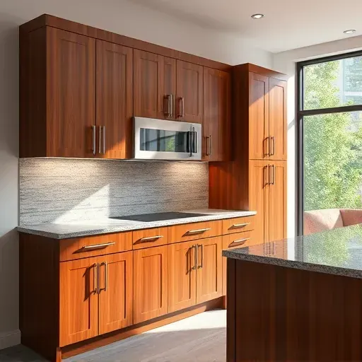 Custom kitchen cabinets with rich wood grain modern hardware granite countertop backsplash natural light lush greenery outside