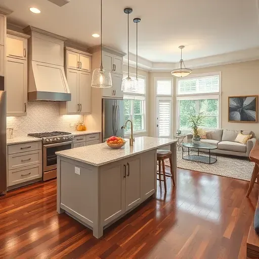 Modern remodeled kitchen in Ijamsville MD with sleek cabinetry, granite countertops, elegant island, and open living area.