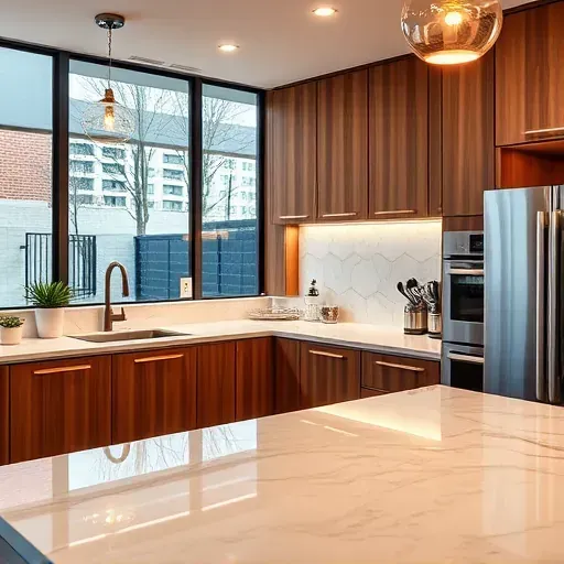 Modern Pasadena kitchen with wood cabinets illuminated by warm LED lighting, marble countertops, stainless steel appliances