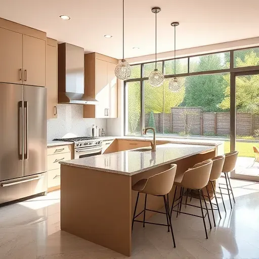 Recently remodeled Brandywine MD kitchen with modern matte cabinets, stainless steel appliances, granite island, and stylish fixtures