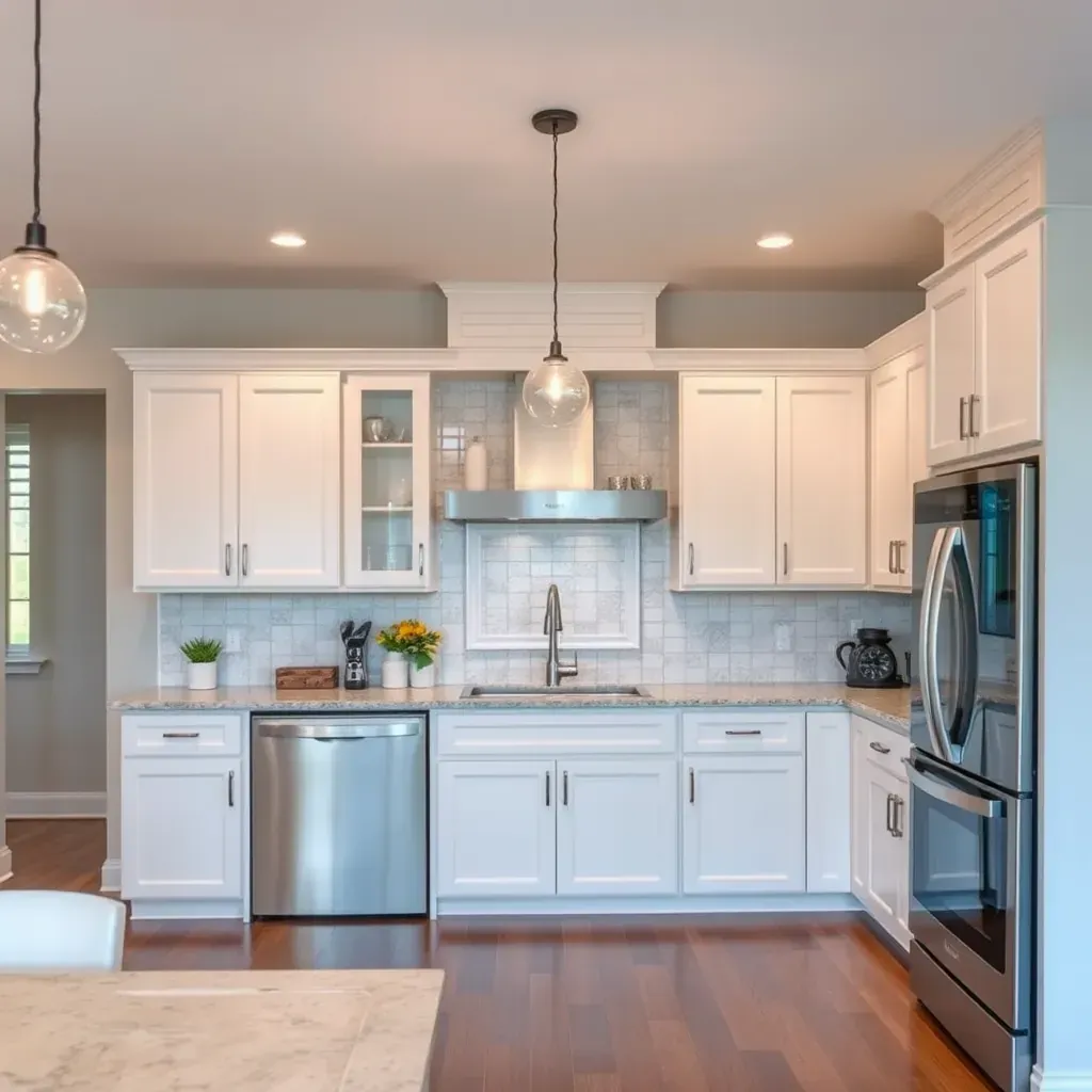 Modern renovated Hanover, MD kitchen with sleek cabinets, quartz countertops, island, pendant lights, stainless appliances, hardwood floors.