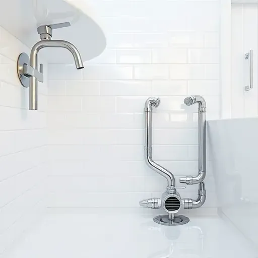 Flawlessly installed modern bathroom plumbing with chrome fixtures, organized pipes, white tiles, and soft natural lighting