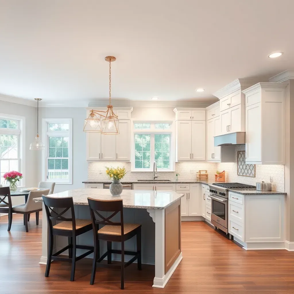 Modern Dayton, MD kitchen with white quartz countertops, wood cabinets, stainless appliances, and natural light.