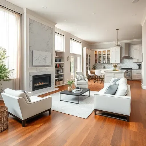 Elegant living room remodel in Hanover MD with marble fireplace, modern decor, and bright natural light.