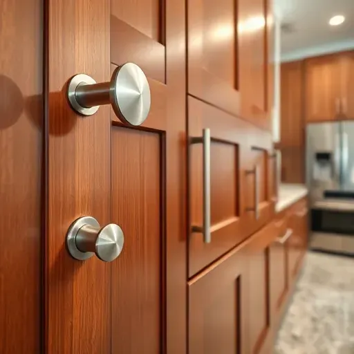 Close-up of sleek brushed nickel cabinet handles and knobs on polished wooden cabinets in a modern Pasadena kitchen