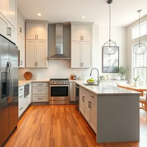 Modern renovated kitchen in Millersville MD with sleek matte cabinets, stainless steel appliances, granite countertops, subway tile backsplash, hardwood flooring, and natural light.