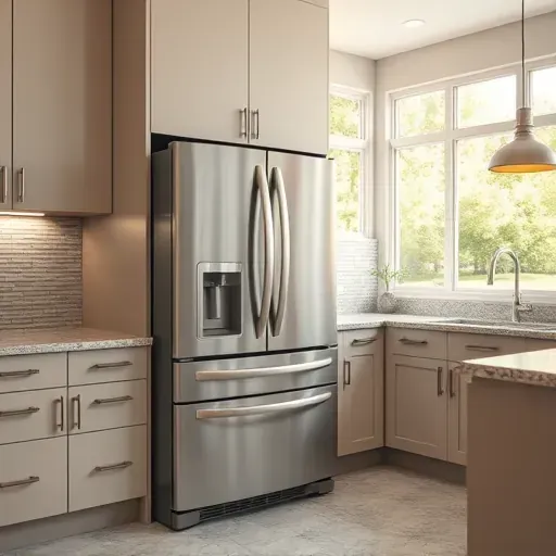 Modern kitchen in Pasadena Maryland with polished stainless steel refrigerator and oven, neutral-toned cabinetry, granite countertops, and outdoor garden view