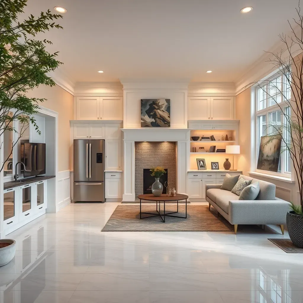 Modern Bethesda kitchen with white cabinets, quartz countertops, stainless steel appliances, wood island, and large windows.