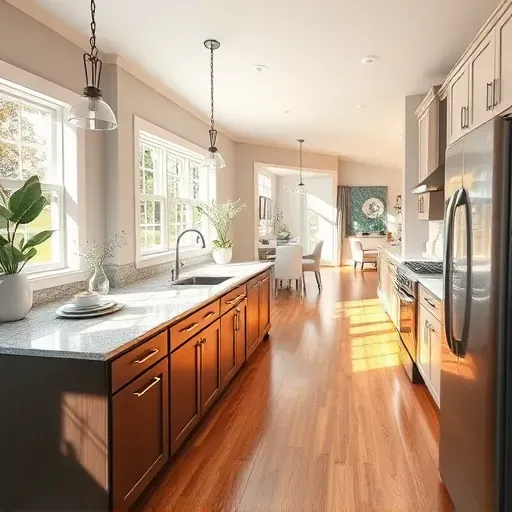 Modern kitchen remodel in Gambrills MD featuring granite countertops, stainless steel appliances, and custom cabinetry.