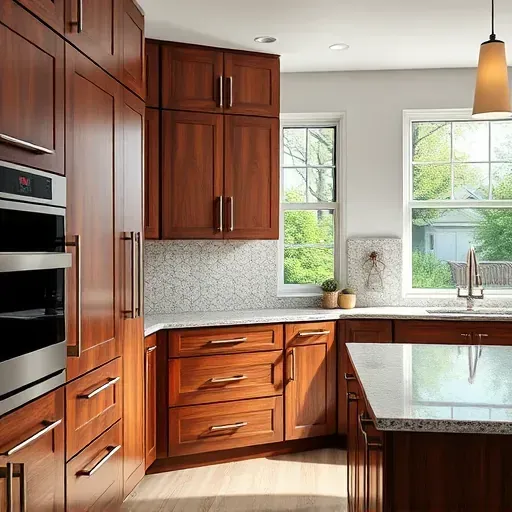 Custom walnut kitchen cabinets in Pasadena Maryland with stainless steel hardware polished granite countertops and lush outdoor view