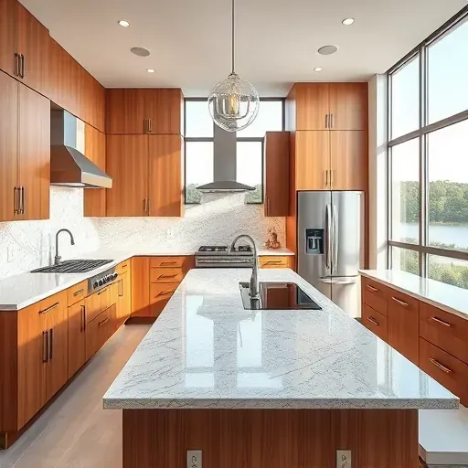 Remodeled Port Republic Maryland kitchen with modern wood cabinets granite countertops stainless steel appliances and scenic natural views