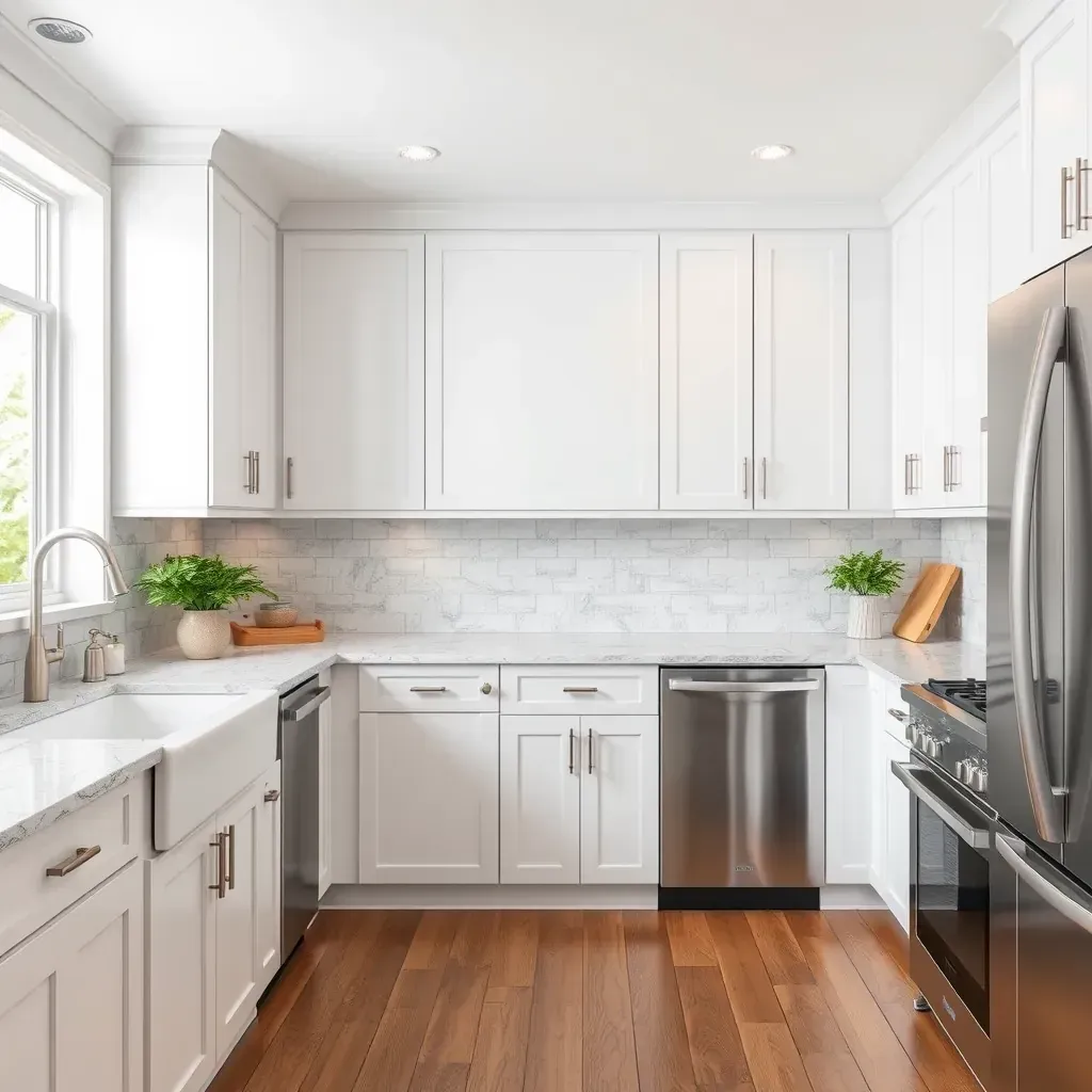 Modern Silver Spring kitchen with gray cabinets, quartz countertops, dark wood island, stainless appliances, and stylish subway tile backsplash.